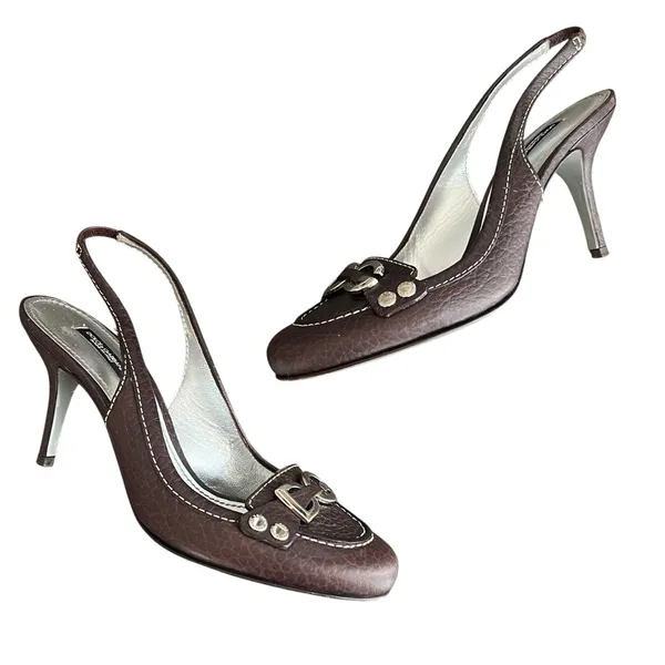 Dolce & Gabbana Women’s Vintage Y2K Brown Round Toe Silver Logo Pump Heels 38 - Image 11