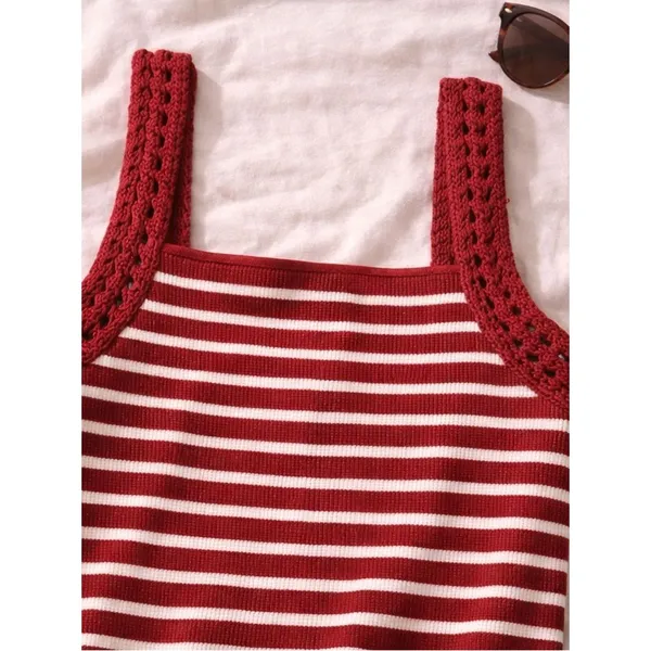 Aerie Red Ivory Striped Crochet Strap Knit Tank Top Size Large NWT Coastal Y2K - Image 2