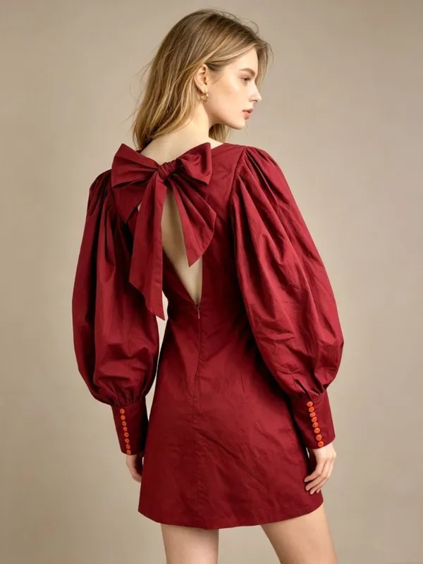 NWOT Farm Rio Cotton Long Sleeve Bow Tie Open Back Mini Dress Red Sz S - Image 2