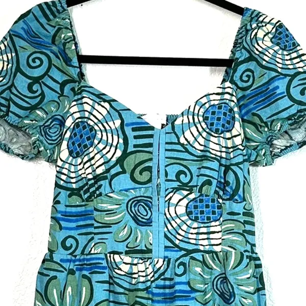 mini dress S House of Harlow 1960 turquoise floral linen puff-sleeve corset - Image 6