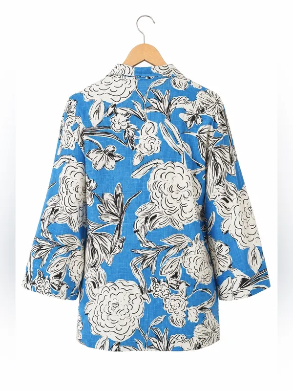 ZARA Blue White Floral Linen Blend Blouse Top NWT XL Oversized Kimono Sleeve - Image 2
