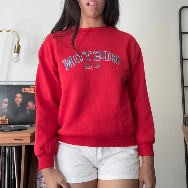 SHEIN Red Boston Graphic Crew Neck Sweatshirt Collegiate Fleece Pullover Small - Image 2