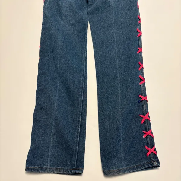 Wrangler Lace Up Jeans Womens 8 Blue Pink Ribbon High Rise Straight Leg USA 0372 - Image 3