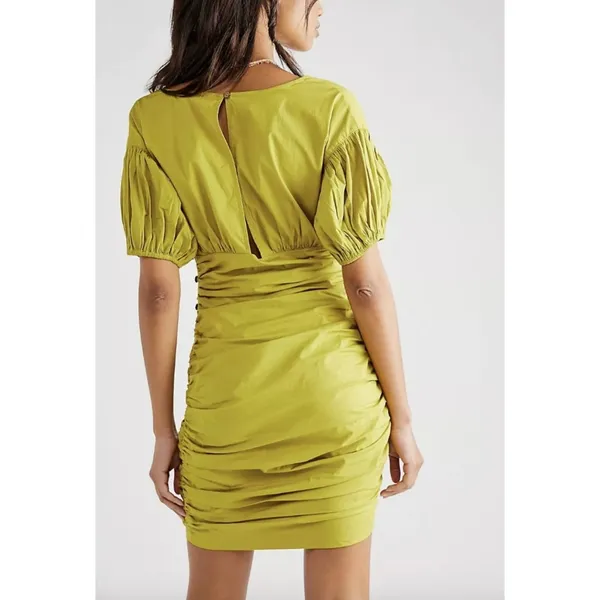 Free People Tastemaker Mini Dress Cotton Ruched Pleated Puff Sleeve Green XS - Image 2