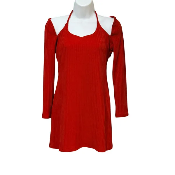 H:ours Red Ribbed Halter Cold Shoulder Long Sleeve Bodycon Mini Dress Small - Image 4