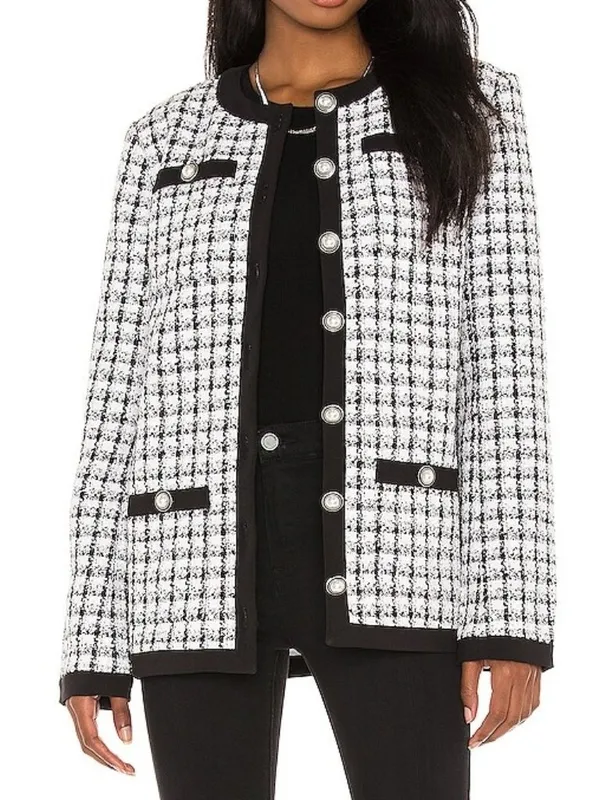 Lovers Friends Lucca Jacket Black White Metallic Sparkly Plaid Tweed Blazer Coat - Image 4