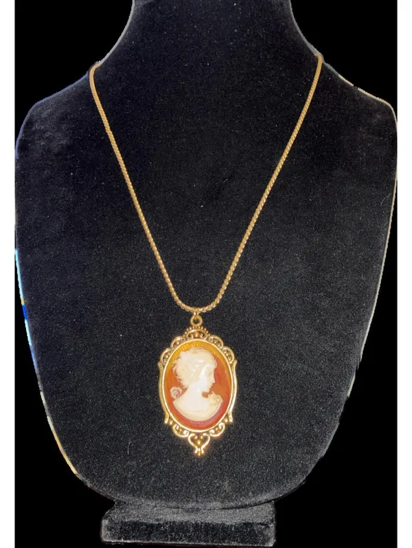 Vintage Style Gold Tone Cameo Necklace – Mid Century Victorian Revival 24” - Image 6