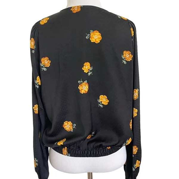 Madewell Bubble-Sleeve Black Wrap Top with Yellow Gold Floating Florets S - Image 7