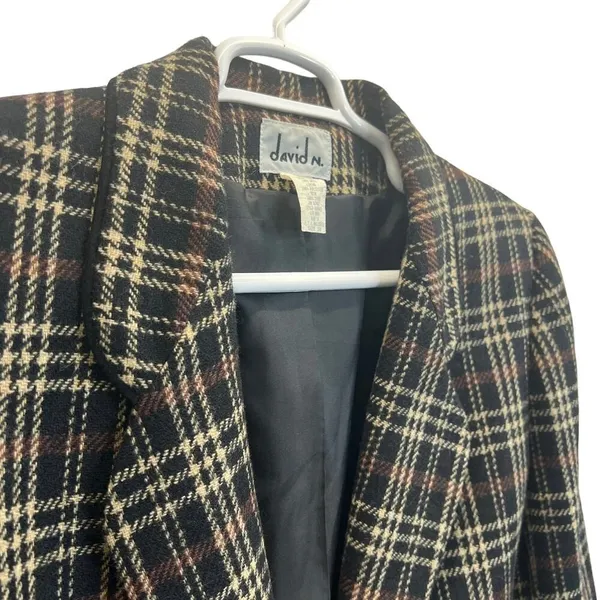 David N. Blazer Vintage Wool Plaid‎ Suede Trim Jacket Brown Black 10 Academia - Image 4