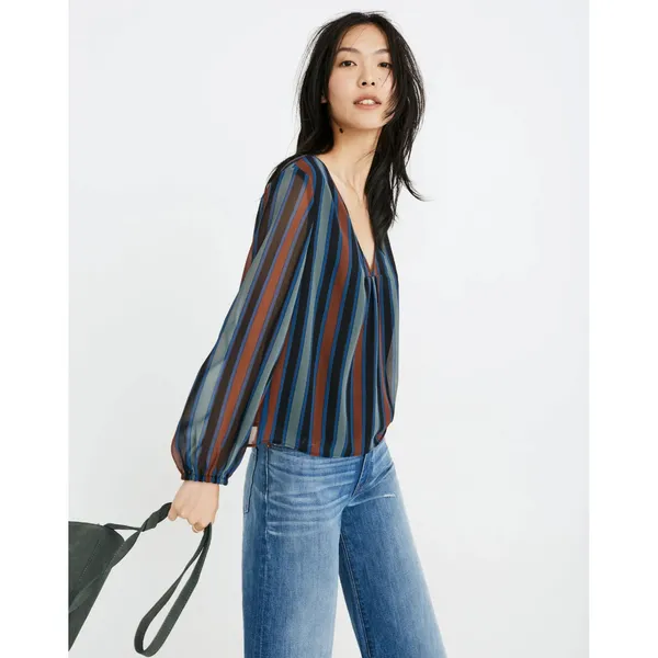 Madewell Sheer-Sleeve Top in Academy Stripe Color Winter Architect Green sz. XXS - Image 2