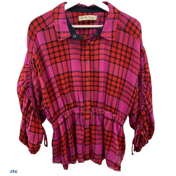Anthro‎ We The Free People Size XS Shirt Pacific Dawn Red Pink Plaid Ruched NEW - Image 2