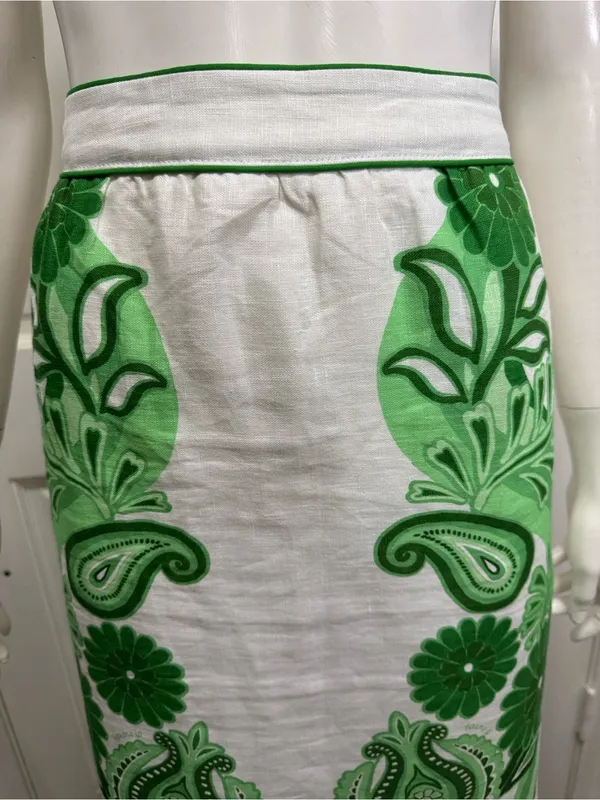 FARM RIO Women’s Midi Skirt White Green Floral Festival Linen Size Large - Image 5