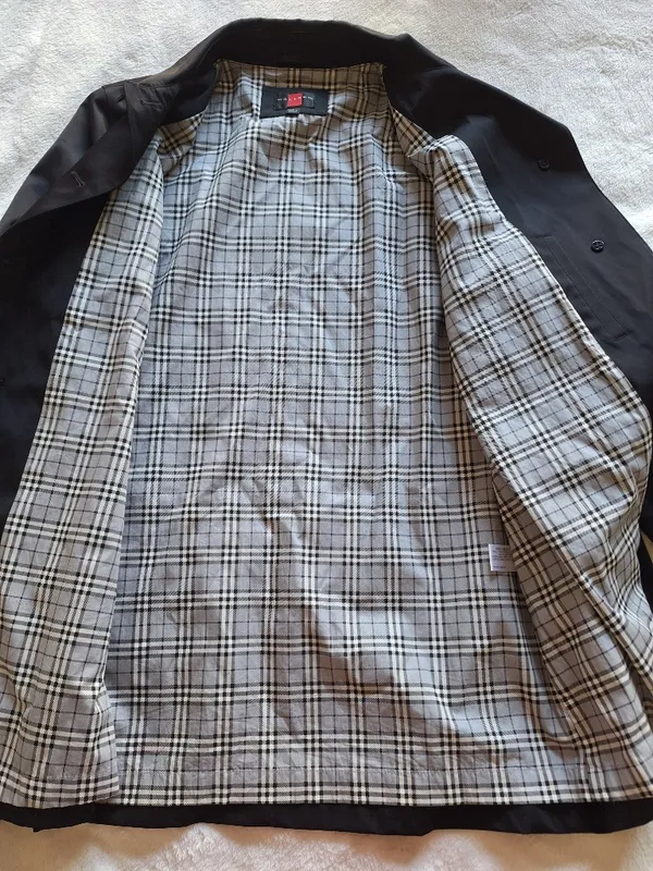 NWOT Gallery Black Single Breasted Rain Coat Jacket Size L Plaid Lining - Image 9