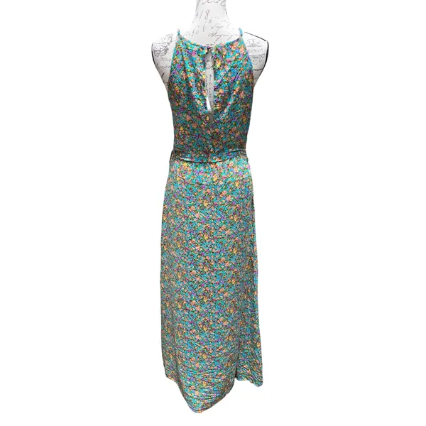 Silk & Salt‎ NWT Teal Floral Halter Maxi Dress Tie Waist Double Slit Medium - Image 4
