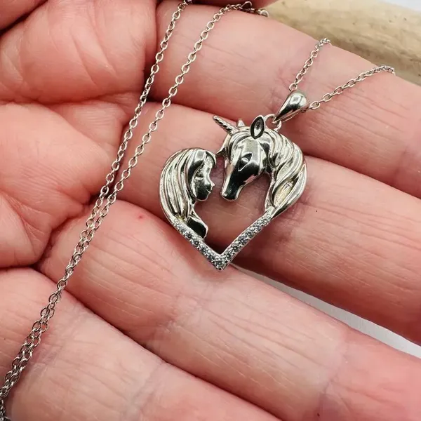 Horse With Girl & Heart CZ Sterling Silver Necklace - Image 3