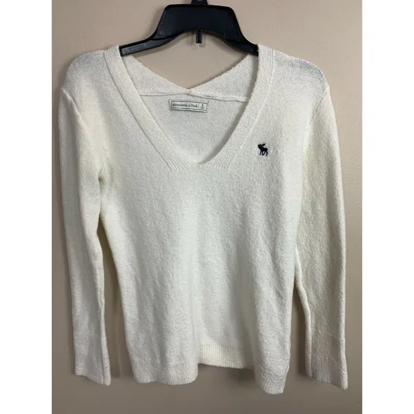 Vintage Abercrombie‎ & Fitch Womens V-Neck Ivory Pullover Small Solid Logo - Image 2