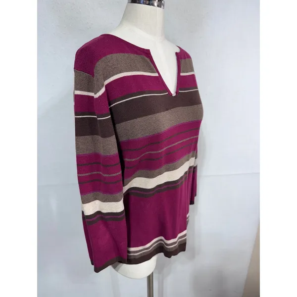 Croft & Barrow L‎ Purple Sweater Women's Striped V-Neck 3/4 Sleeve - Image 6