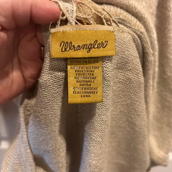 Wrangler‎ Womens Tan Knit Sweater Embroidered Crochet Neckline Tie Back Large - Image 6