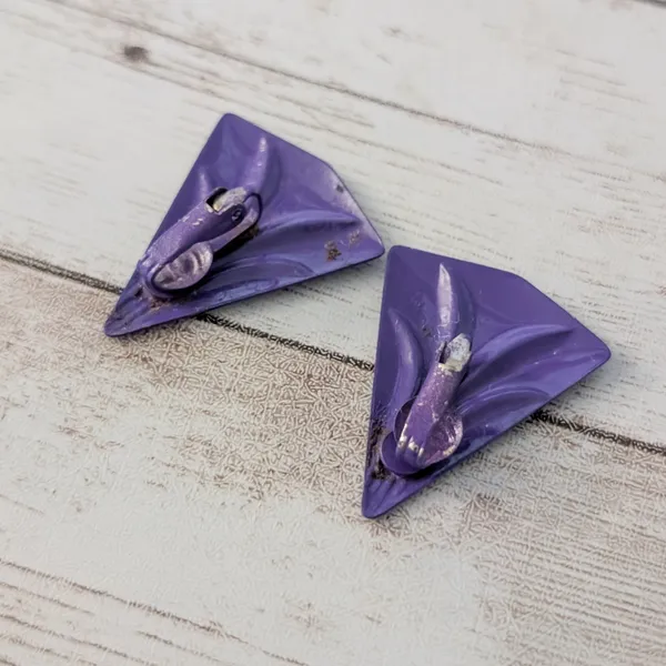 Vintage Clip On Earrings Retro Deep Purple Statement Triangle 1.25" large - Image 4