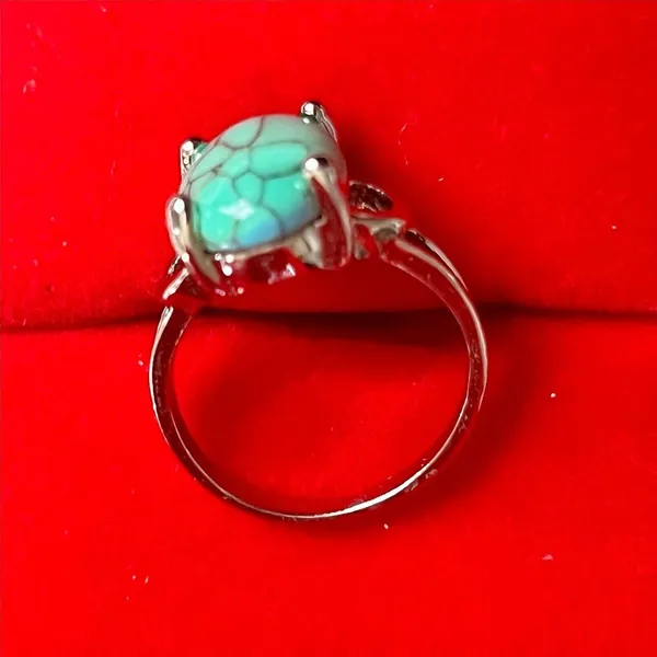 Turquoise Ring Oval Silver Green Stone Bohemian Ring Size 6 - Image 3