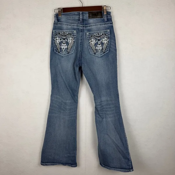 Sky Jeans Bootcut Women 7/8 Blue Embellished Wing Pocket Rhinestone Y2K McBling - Image 4