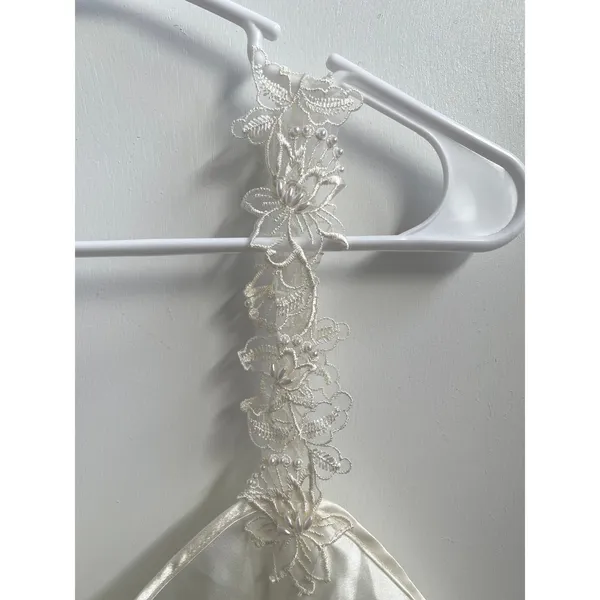 Vintage 90s Ivory Satin Bridal Peignoir Set Robe & Slip Floral Lace Pearl S - Image 9