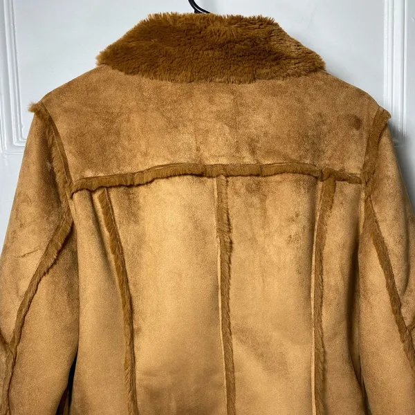 Wiya / Boutique Faux Suede Fur Full Zip Moto Jacket Camel Sz Medium - Image 11