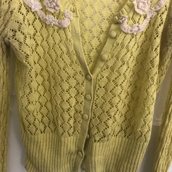 Anthropologie Sparrow Valance Lace Knit Cardigan Lime Yellow Size M Rare - Image 6