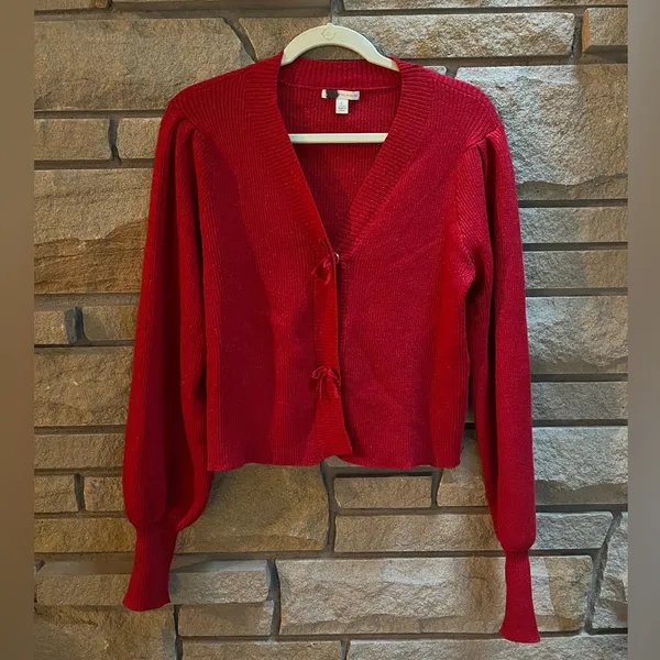 Cato Fashions SHIMMER BOW BUTTON CARDIGAN Holly Red Sparkle Holidays Large - Image 3