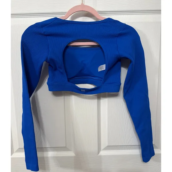Royal Blue Cropped Long Sleeve Ribbed Workout Top, Small - Image 3