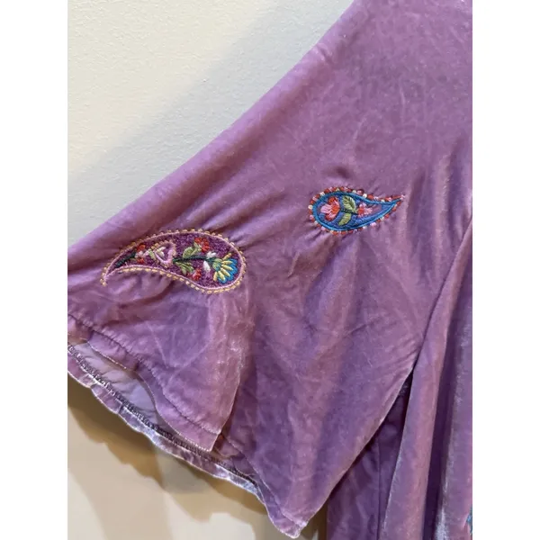 Johnny Was Velvet Flutter Sleeve Raglan Karime Embroidered‎ Dress Lavender - Image 5