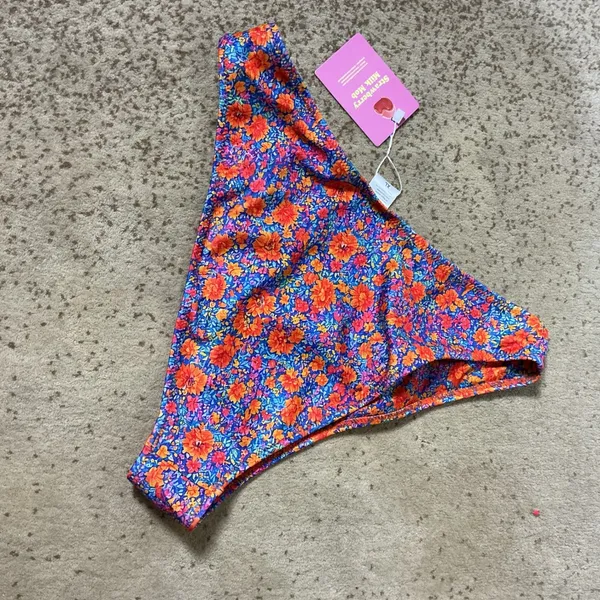 Strawberry Milk Mob Floral High Leg Bikini Bottom Womens XL Blue Orange Retro - Image 3