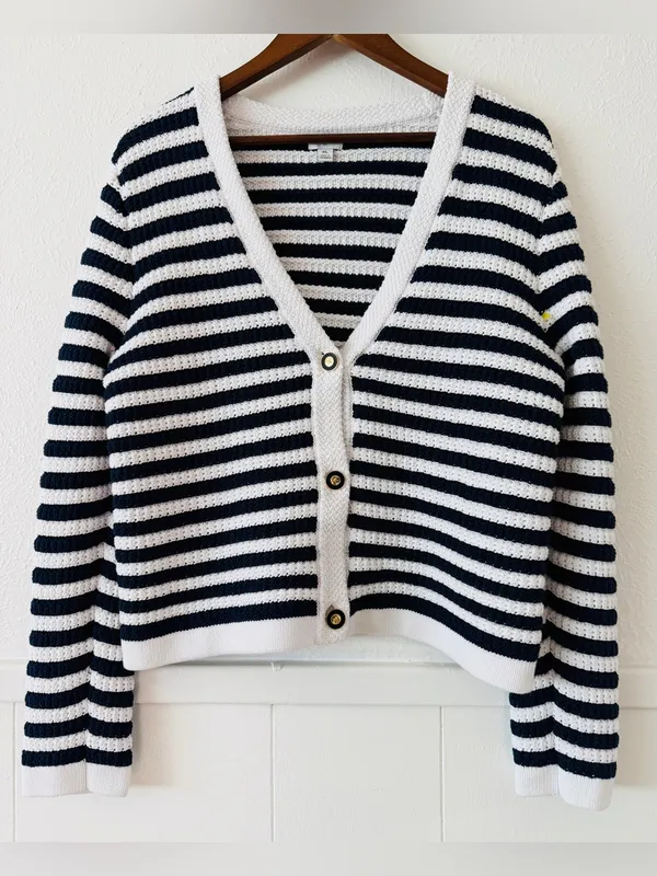 J. Crew Navy and White Striped V-Neck Button Cardigan - Image 10