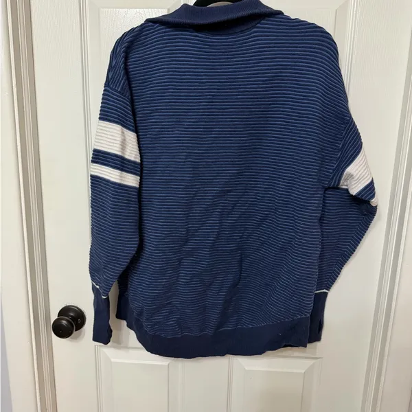 AERIE offline blue ribbed 1/4 zip pullover sweater‎ white sleeve stripes medium - Image 6