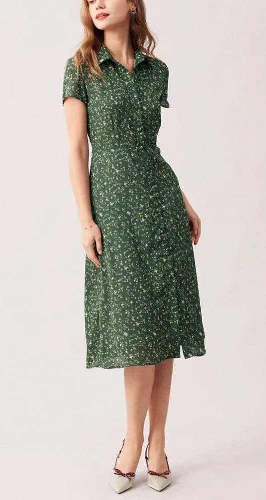 Rihoas Green Lapel Button Up Floral Midi Dress - Image 4
