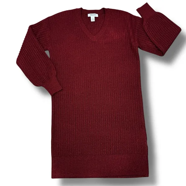 Nine West Metallic‎ Shimmer Knit Balloon Sleeve Sweater Dress Burgundy Red Small - Image 12