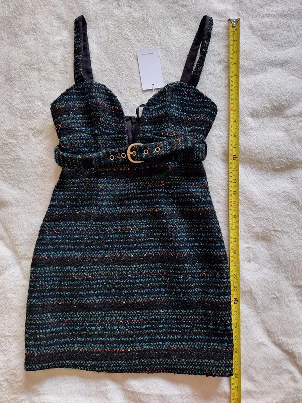 NWT Lovers and Friends Luz Tweed Mini Dress XS Black Blue Multi Belted Revolve - Image 14