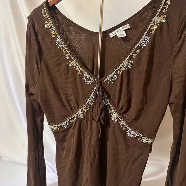 Vintage Brown Floral Embroidered Blouse Size M - Image 3