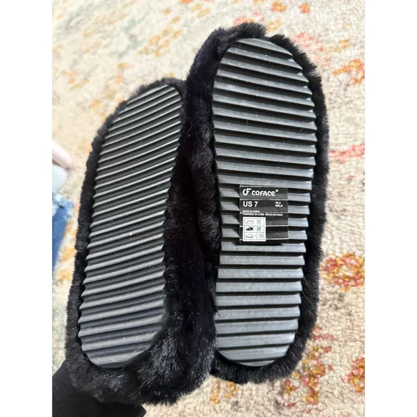 Coface Womens Black Faux‎ Fur Cross Band Slippers Open Toe House Shoes US 7 - Image 7