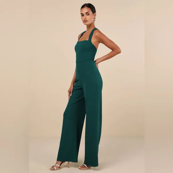 LULU’S Glamorous Dedication Dark Green Sleeveless Wide Leg Jumpsuit - Image 3