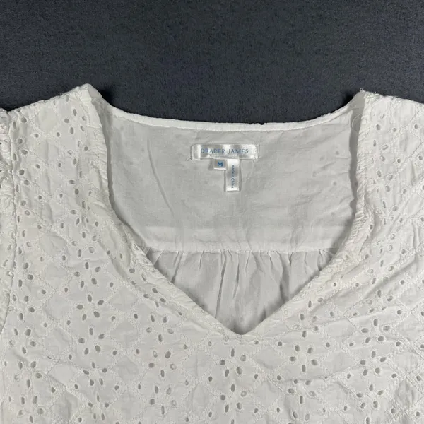 Draper‎ James Blouse Womens Medium White Eyelet Puff Sleeve V Neck Cotton Top - Image 2