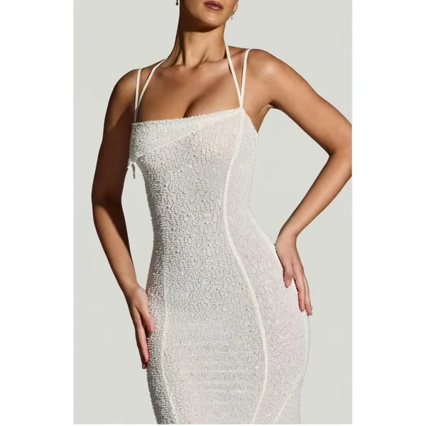 Oh Polly Dole Embellished Asymmetric Maxi Dress in White Size 6 New - Image 2