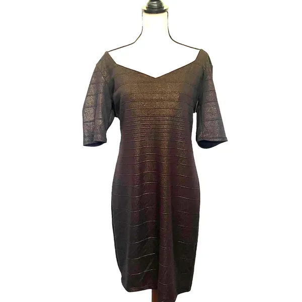 Bisou Bisou Y2K Metallic Ruched Dress Sz 14 Mob Wife Cocktail Club Brown Shimmer - Image 2