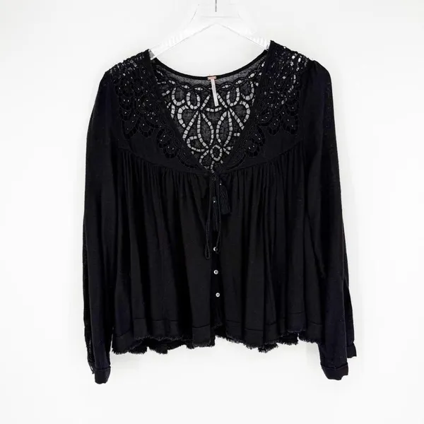 Free People Doin' It Right‎ Black Eyelet Top Women's Size XS Boho - Image 2