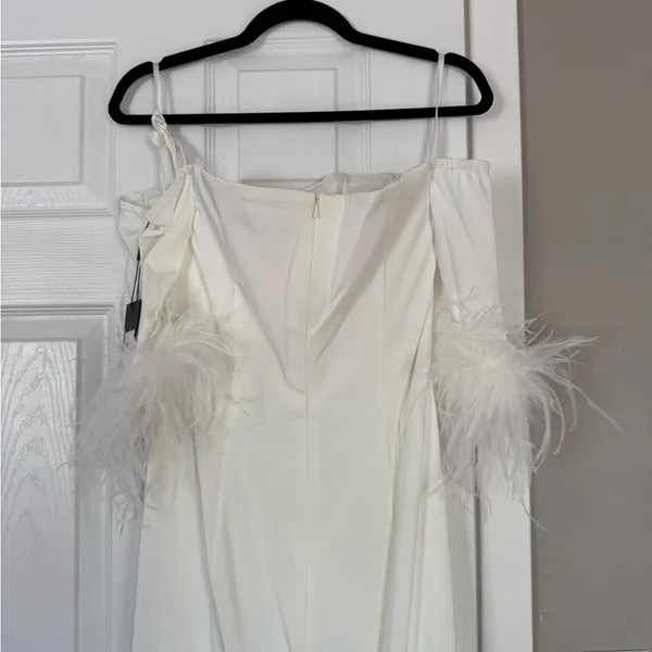 Mac Duggal Long Off Shoulder Feathers Formal Bridal Gown - Image 9