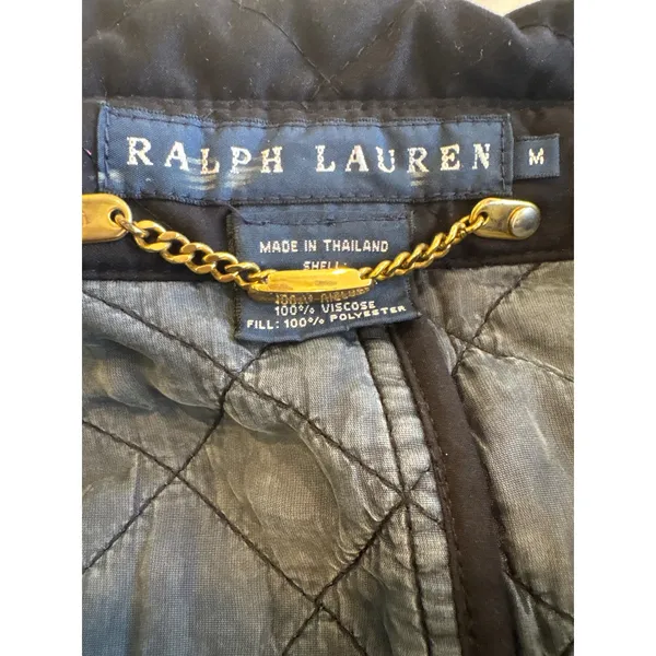 Ralph Lauren Black Diamond Quilted Jacket Button Front Gold Chain Loop Womens M - Image 5