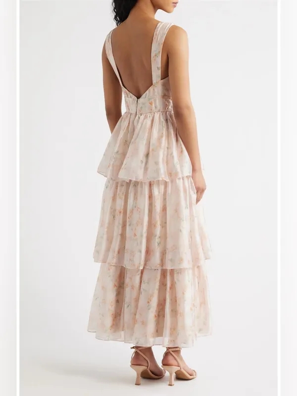 Lulus Vallia Tiered Maxi Dress Blush Floral $148 Small Dreamy Fairytale Wedding - Image 3