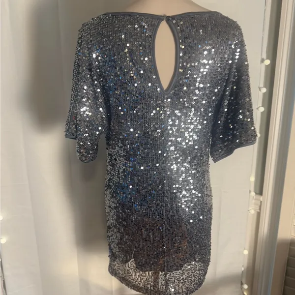 BKE Boutique Silver Sequin Mini Dress Short Sleeve Party Cocktail Size M - Image 2