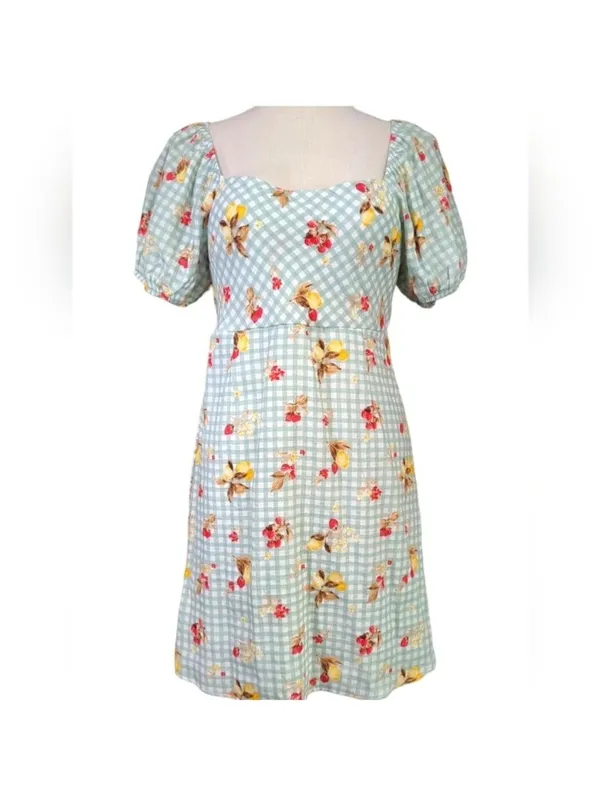 Altard State‎ Aldrin Dress Size L Sage Green Gingham Fruit Puff Mini Coquette - Image 3