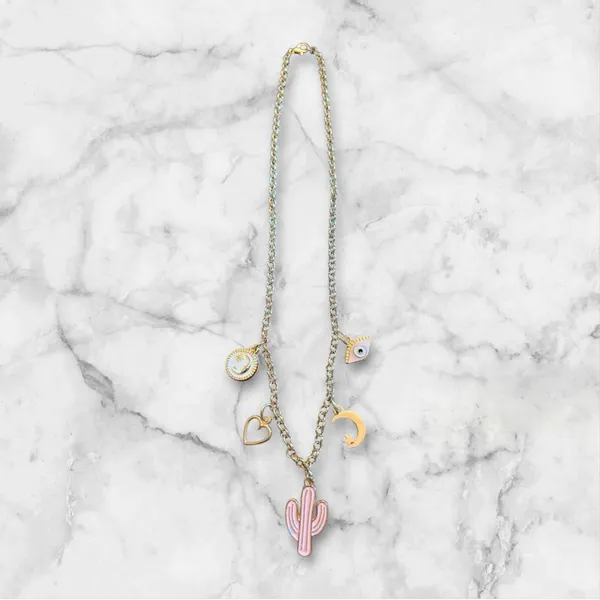 Gold Charm Necklace with Cactus and Moon - Image 3